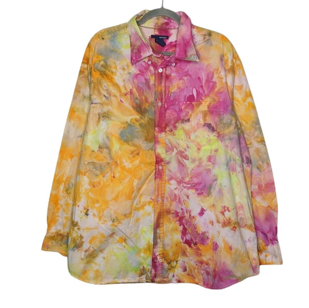 Vintage Ice Tie Dye Custom Art Watercolor Button Flannel Shirt Top Earth Tones